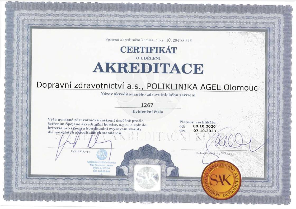 Certifikát SAK - POLIKLINIKA AGEL Olomouc