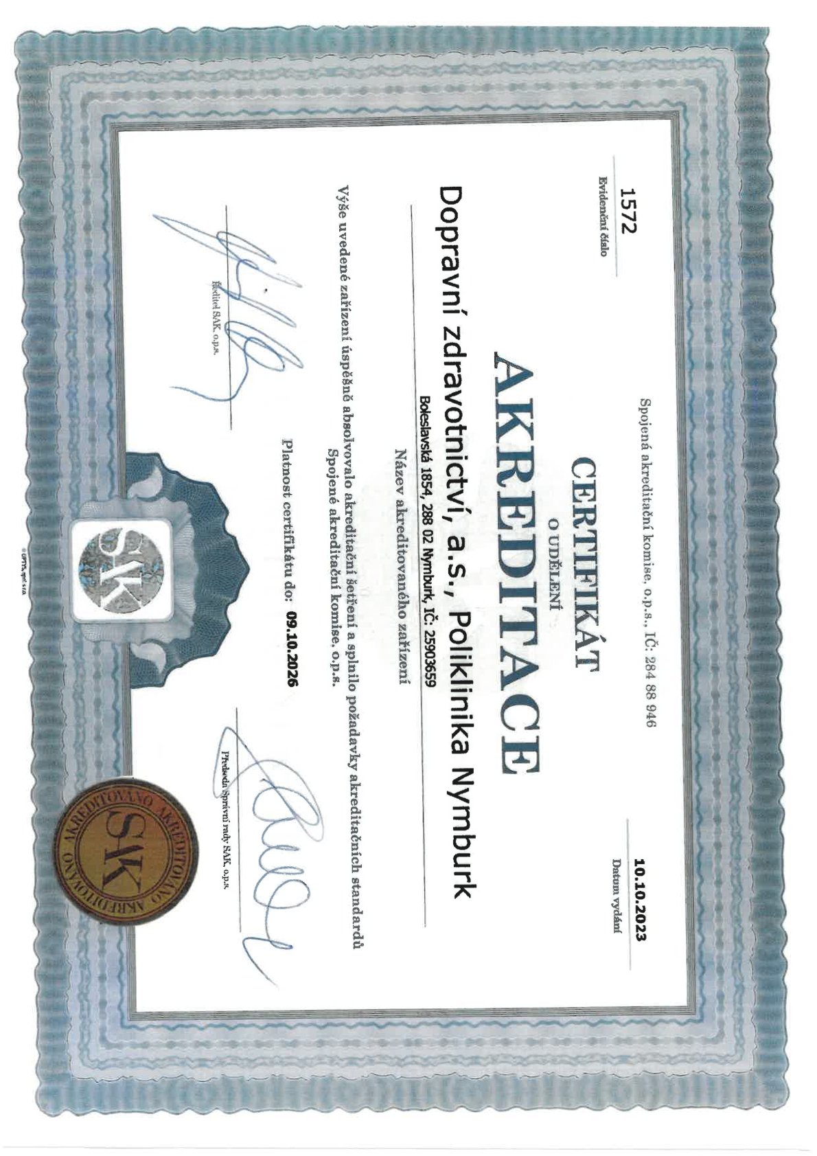 Certifikát SAK - POLIKLINIKA AGEL Nymburk
