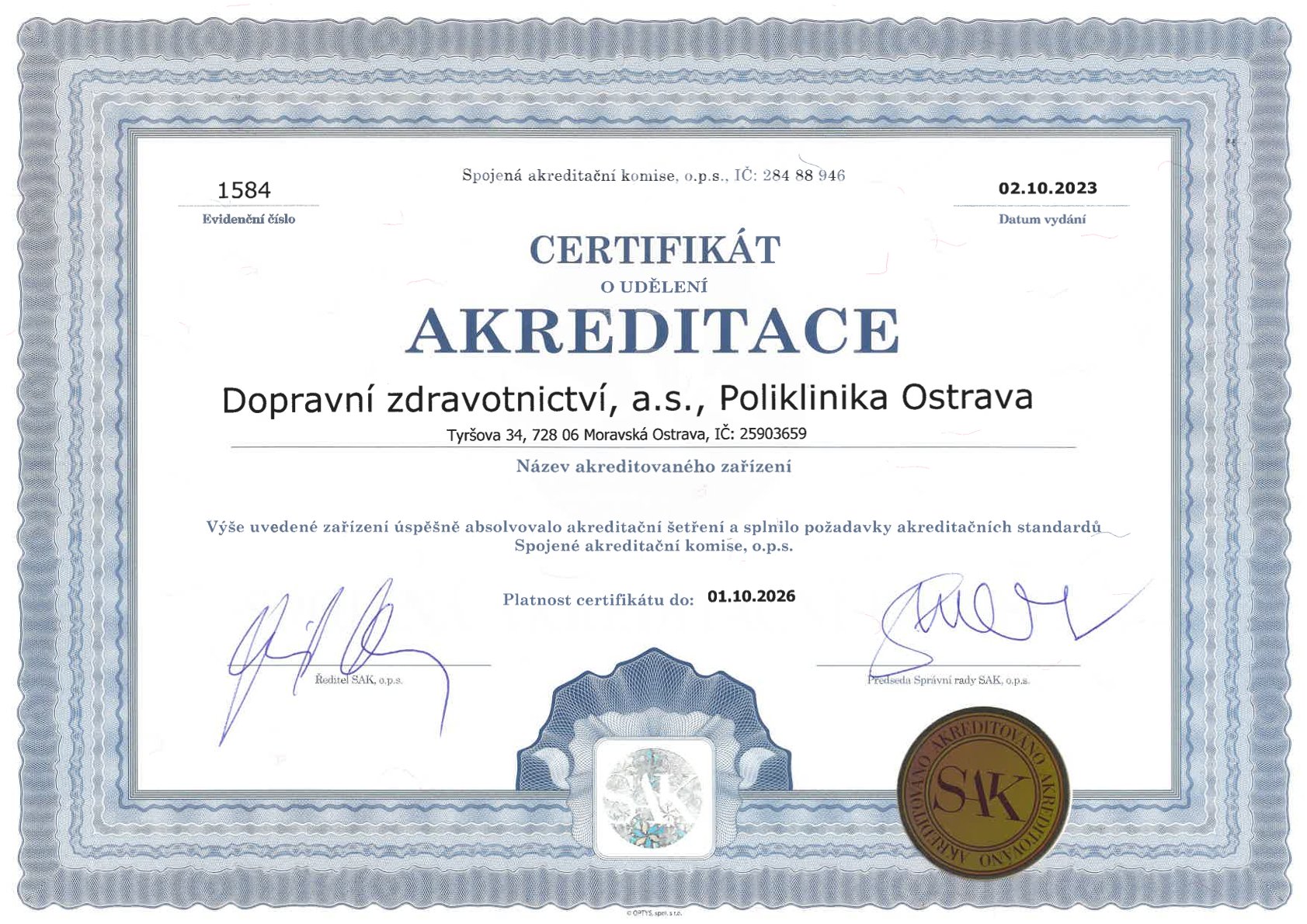 Certifikát SAK - POLIKLINIKA AGEL Ostrava