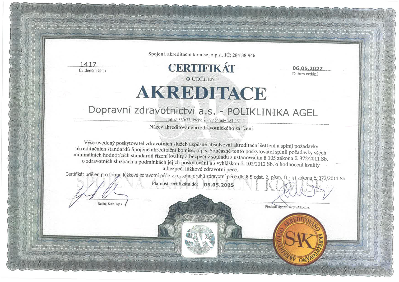 Certifikát SAK - POLIKLINIKA AGEL Praha